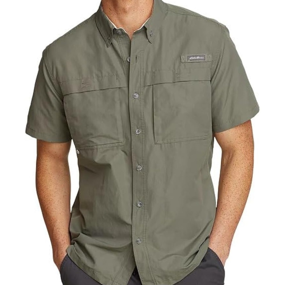 Men’s size medium Eddie Bauer Green Button-Up Shirt model color is darker